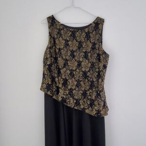 NUIT 1990s Long Black Cocktail Dress Asymmetrical Gold Lace Sleeveless Bodice 16